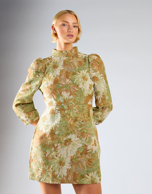 Green Multi Brocade High Neck Puff Shoulder Mini Dress