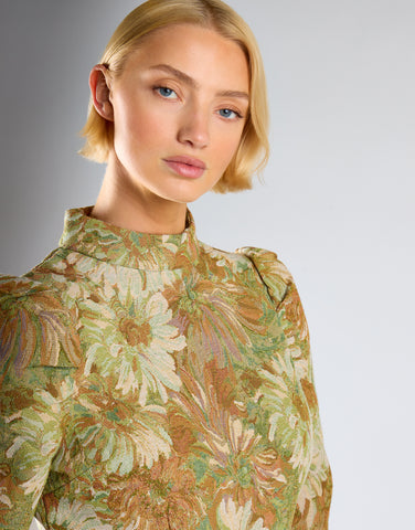 Green Multi Brocade High Neck Puff Shoulder Mini Dress