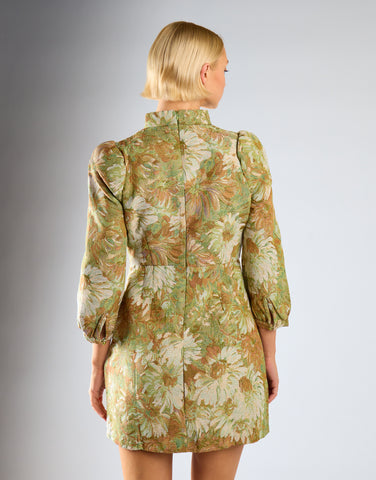 Green Multi Brocade High Neck Puff Shoulder Mini Dress