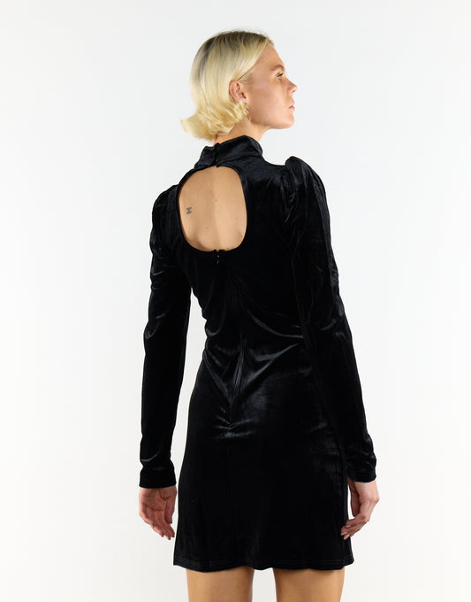 Black Velvet Plunging Neck Bodysuit with Puff Sleeves