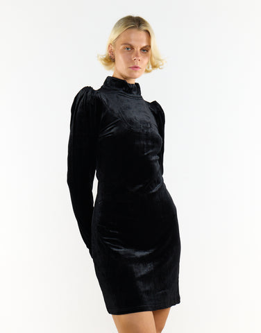 Black Velvet Plunging Neck Bodysuit with Puff Sleeves