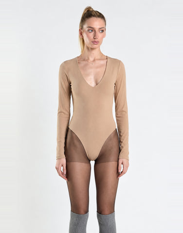 Agon Stone Fitted V-Neck Long Sleeves Bodysuit