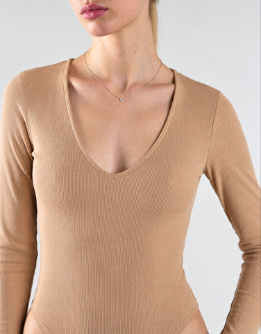 Agon Stone Fitted V-Neck Long Sleeves Bodysuit