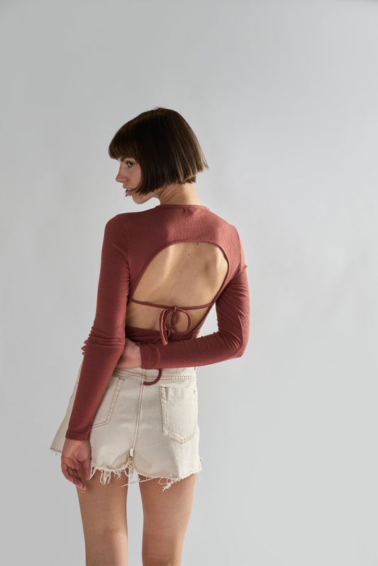 Rose Rust Rib Open-Back Bodysuit
