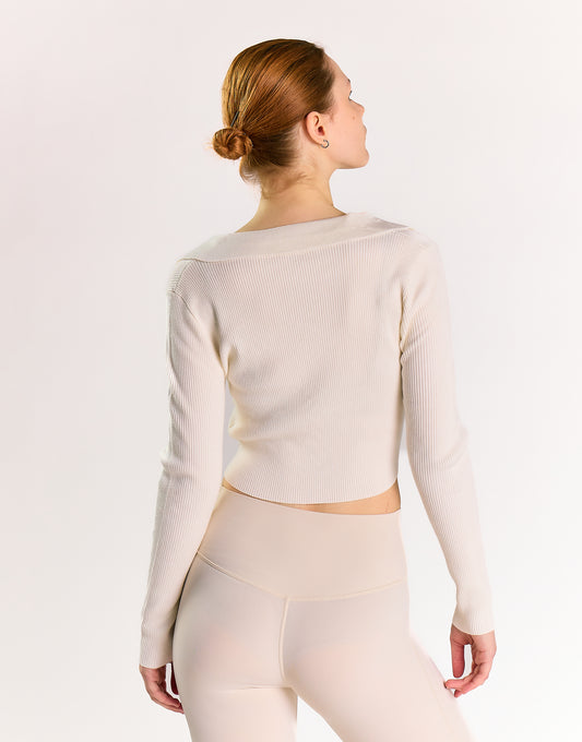 Off White Ribbed Long-Sleeve Lace-Up Crop-Top