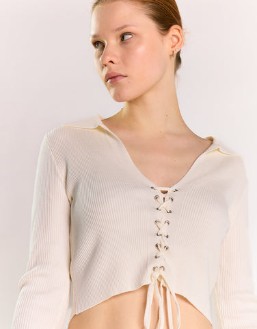 Off White Ribbed Long-Sleeve Lace-Up Crop-Top