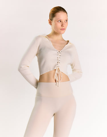Off White Ribbed Long-Sleeve Lace-Up Crop-Top