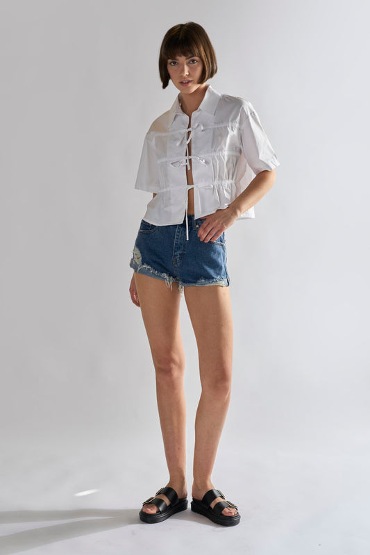 Mid-Stonewash Ripped Denim Shorts