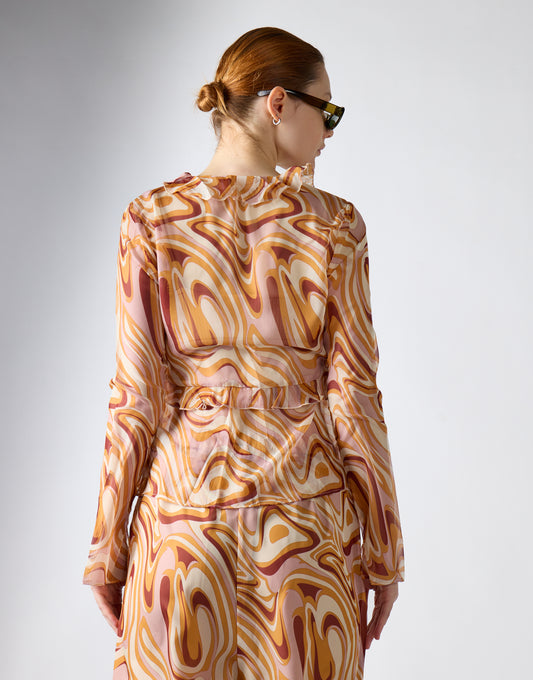Glamorous Retro Marble Tie Front Ruffle Sheer Blouse
