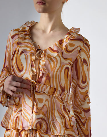 Glamorous Retro Marble Tie Front Ruffle Sheer Blouse