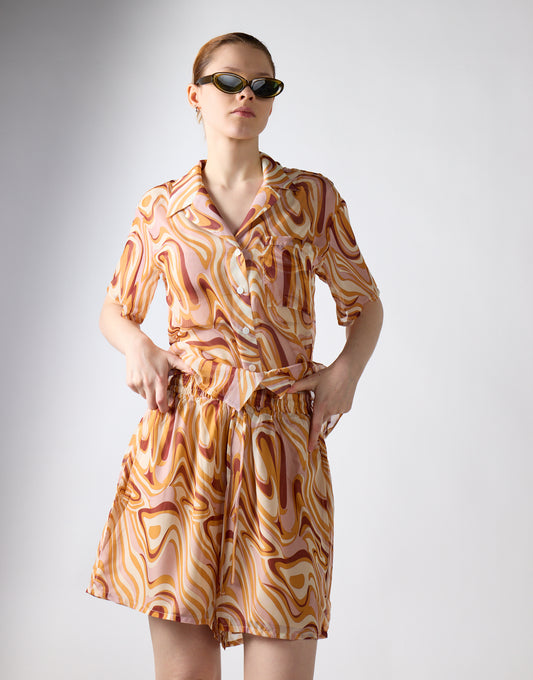 Retro Marble High-Waisted Loose-Shorts