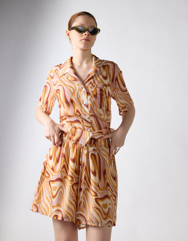 Retro Marble High-Waisted Loose-Shorts