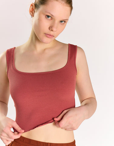 Burnt Sienna Ribbed Crop-Top