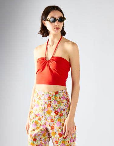 Tomato Tie Neck Halter Crop-Top