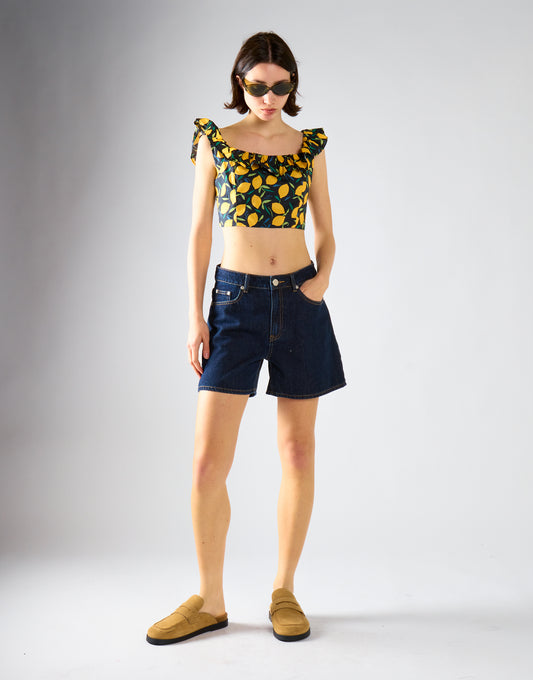 Lemon Print Square Neck Ruffle Crop Top