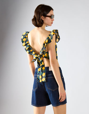 Lemon Print Square Neck Ruffle Crop Top