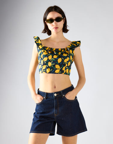 Lemon Print Square Neck Ruffle Crop Top