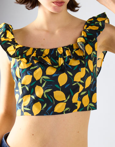 Lemon Print Square Neck Ruffle Crop Top