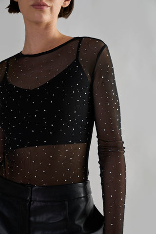 Black Diamante-Mesh Bodysuit