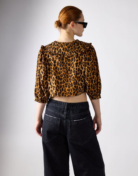 Leopard Print Long Sleeve High Neck Crop Top