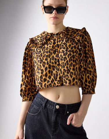 Leopard Print Long Sleeve High Neck Crop Top