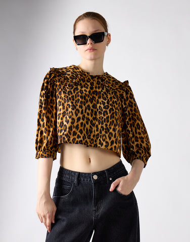 Leopard Print Long Sleeve High Neck Crop Top
