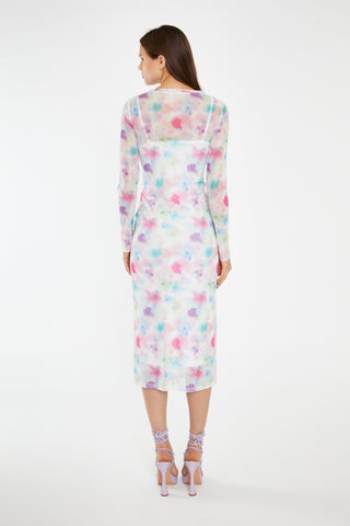 Watercolour-Floral Mesh Long Sleeve Midi-Dress