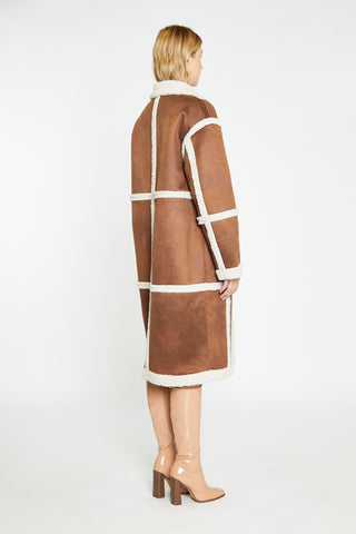 Tan-Cream Shearling Midi-Coat