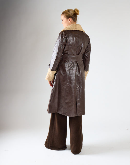 Black Belted Coat with Faux Fur