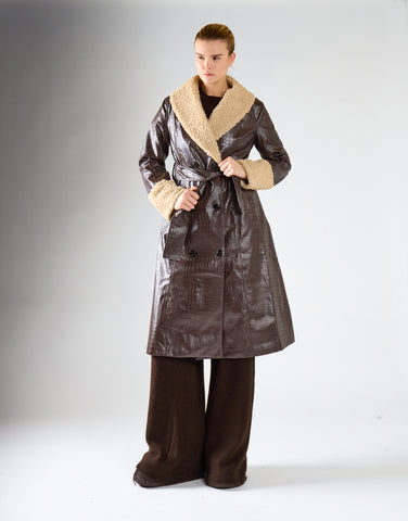 Black Belted Coat with Faux Fur