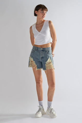 Heavy Vintage-Wash Distressed Denim Shorts