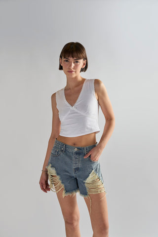 Heavy Vintage-Wash Distressed Denim Shorts