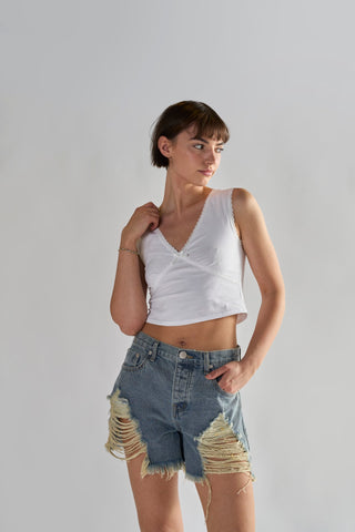 Heavy Vintage-Wash Distressed Denim Shorts