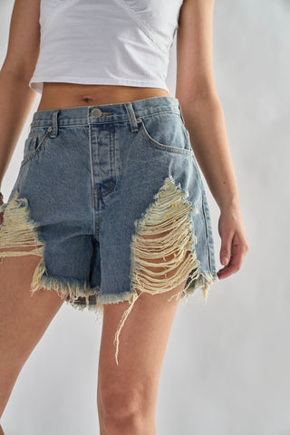 Heavy Vintage-Wash Distressed Denim Shorts