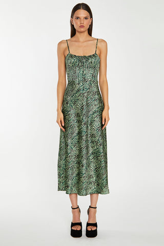 Green-Black Animal Strappy Milkmaid Midi-Dress