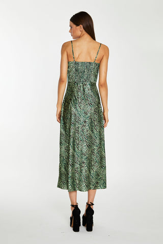 Green-Black Animal Strappy Milkmaid Midi-Dress