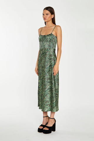 Green-Black Animal Strappy Milkmaid Midi-Dress