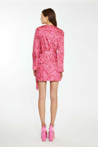 Pink Multi-Square Fluted Sleeve Wrap Top