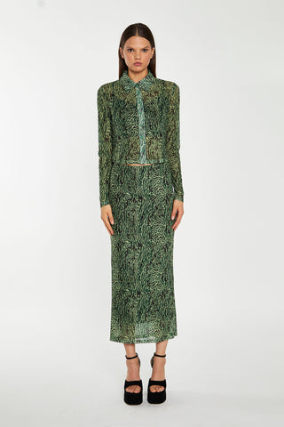 Green-Black Animal Mesh Pencil Midi-Skirt