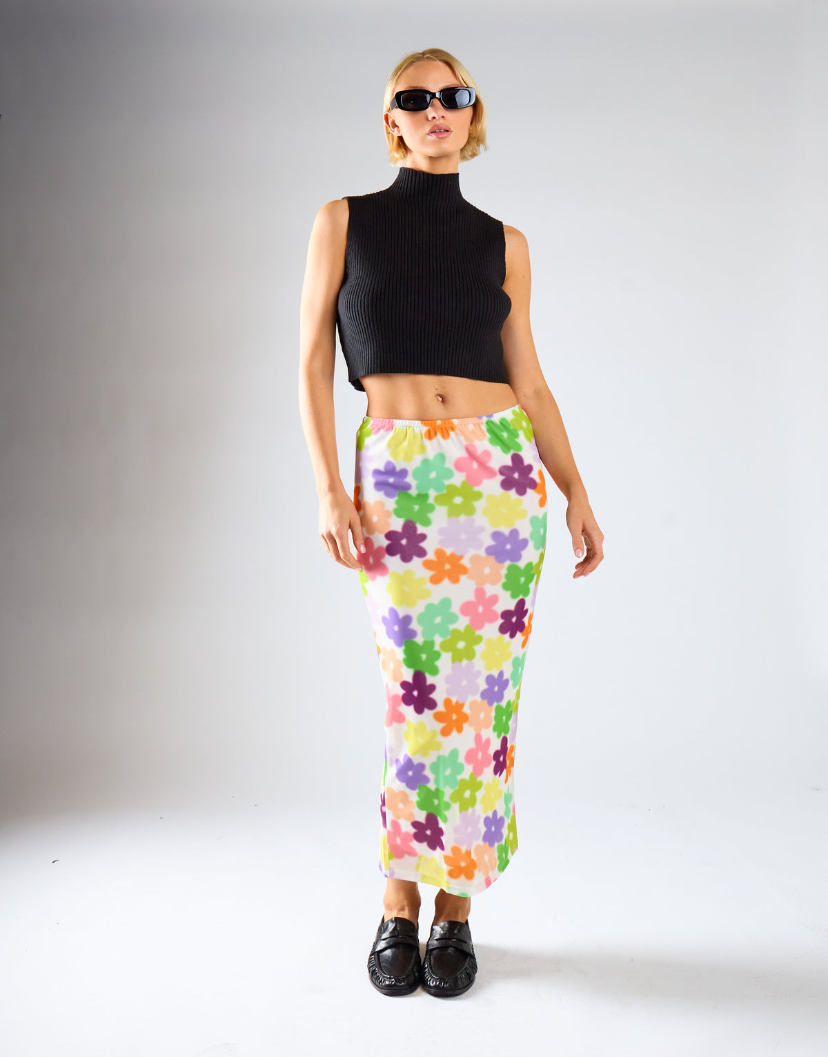 Multi-Flower Mesh Pencil Maxi-Skirt