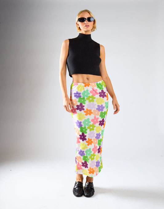 Multi-Flower Mesh Pencil Maxi-Skirt