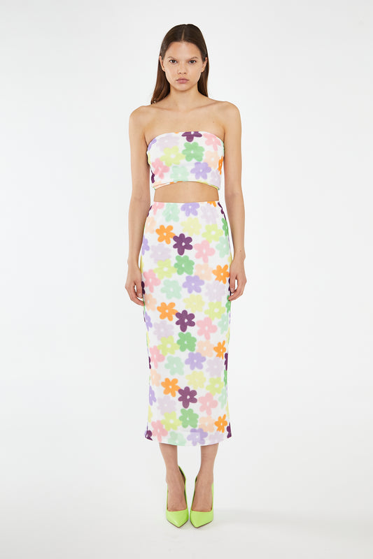 Multi-Flower Mesh Pencil Maxi-Skirt