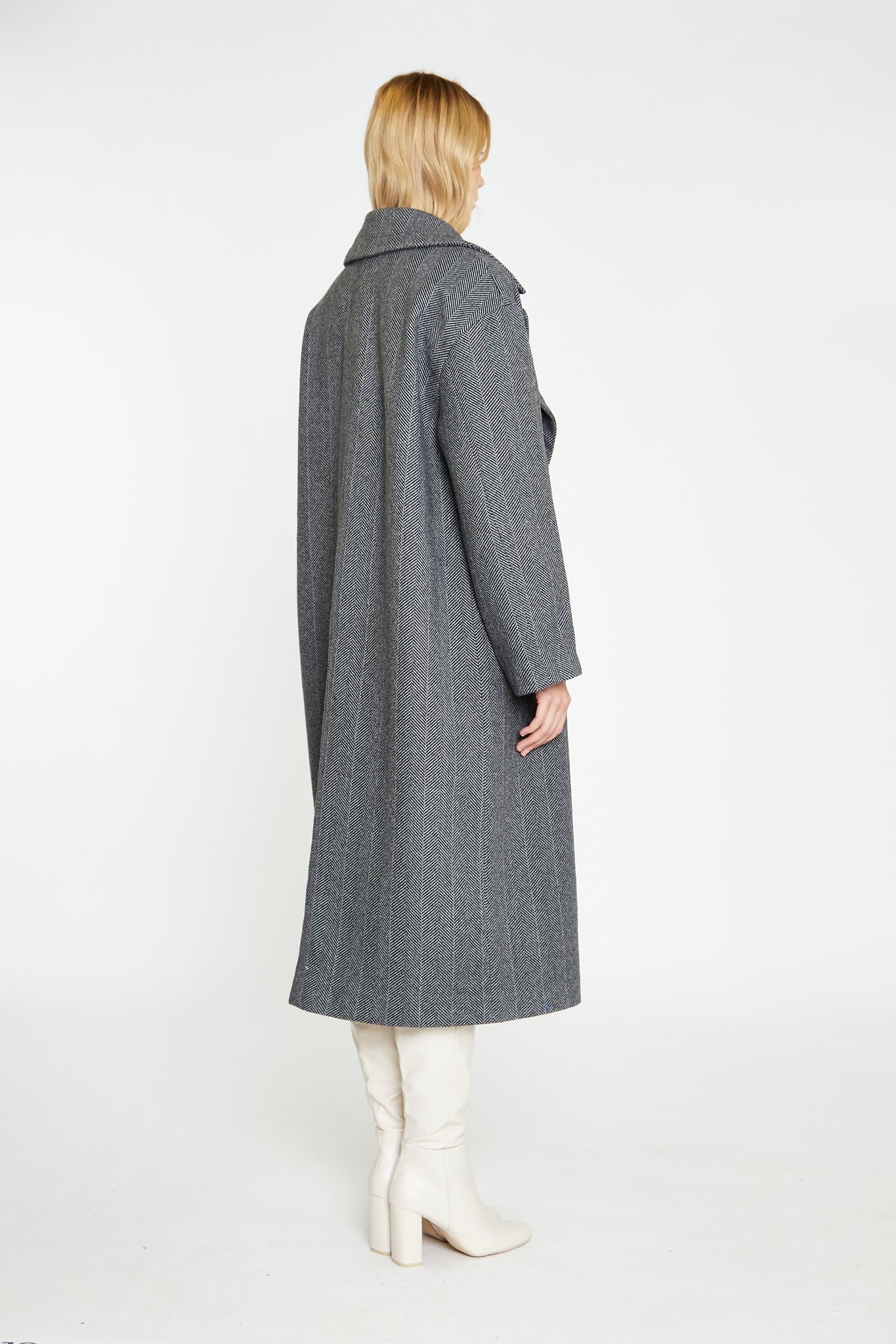 Charcoal-Chevron Oversized Double-Breasted Maxi-Coat