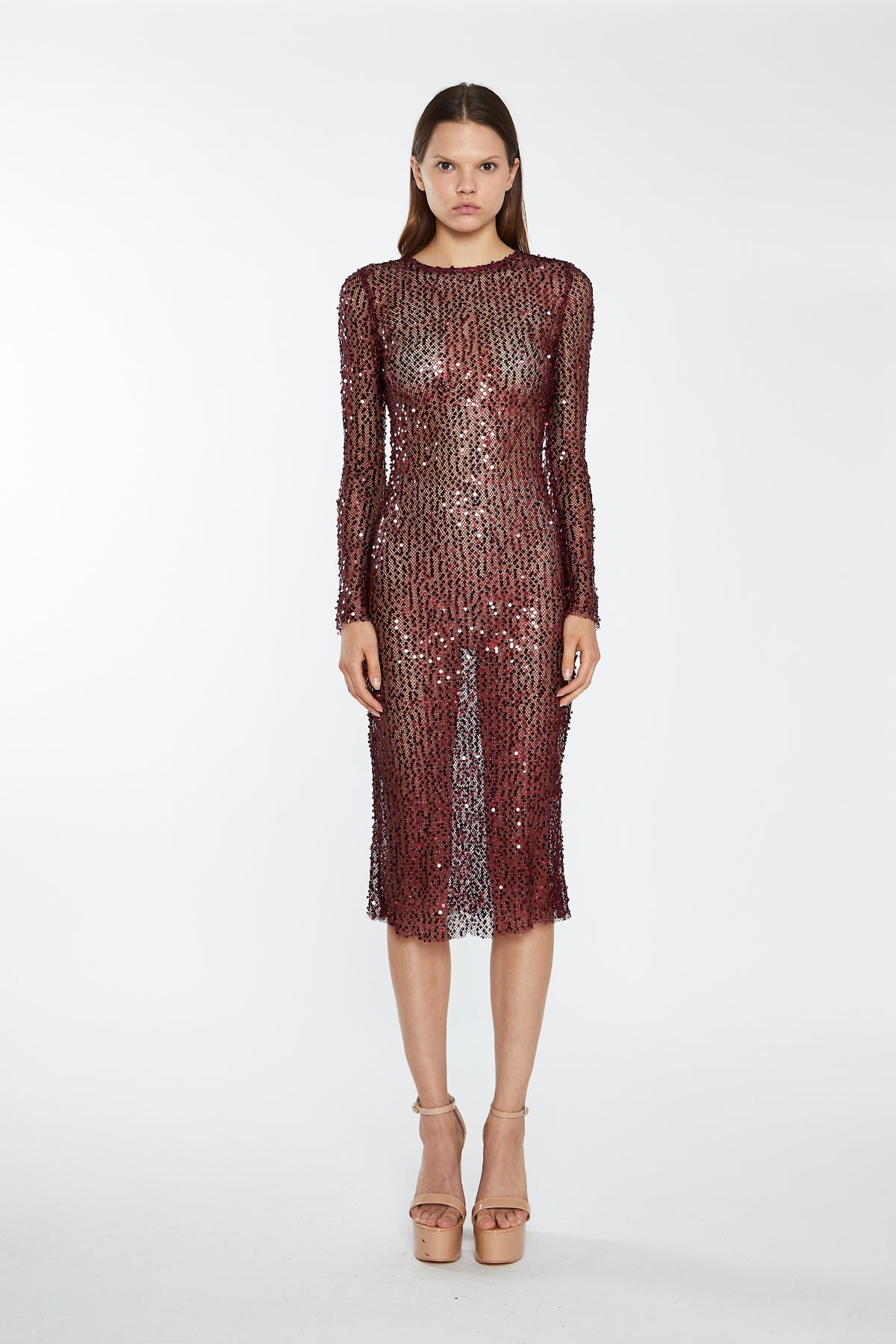 Cabernet Mesh-Sequin Long-Sleeve Midi-Dress Cabernet Mesh-Sequin Long-Sleeve Midi-Dress