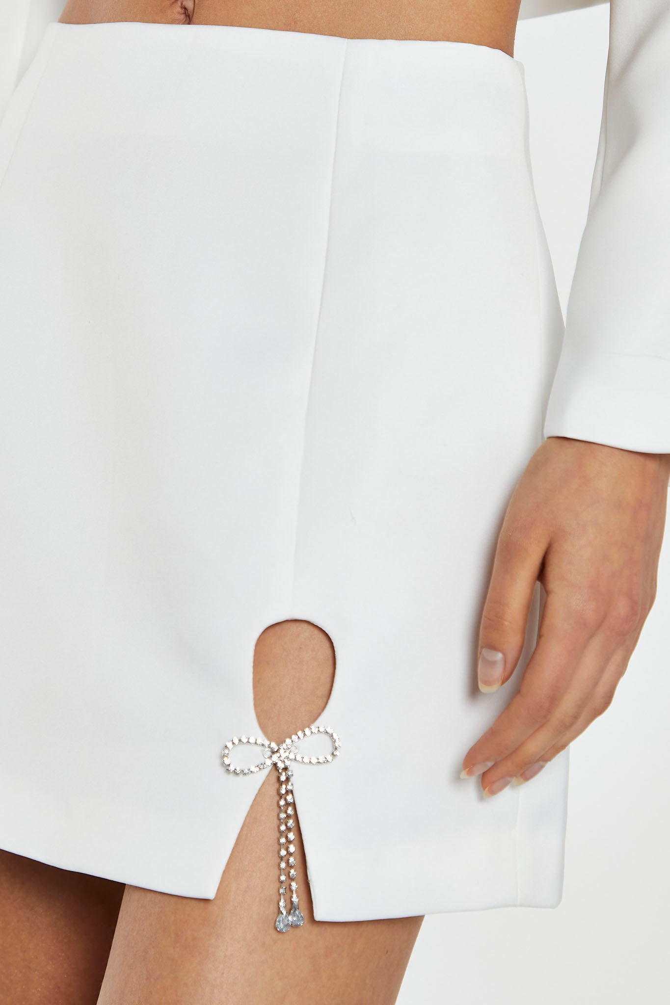 Off-White Satin Diamante Bow Mini-Skirt