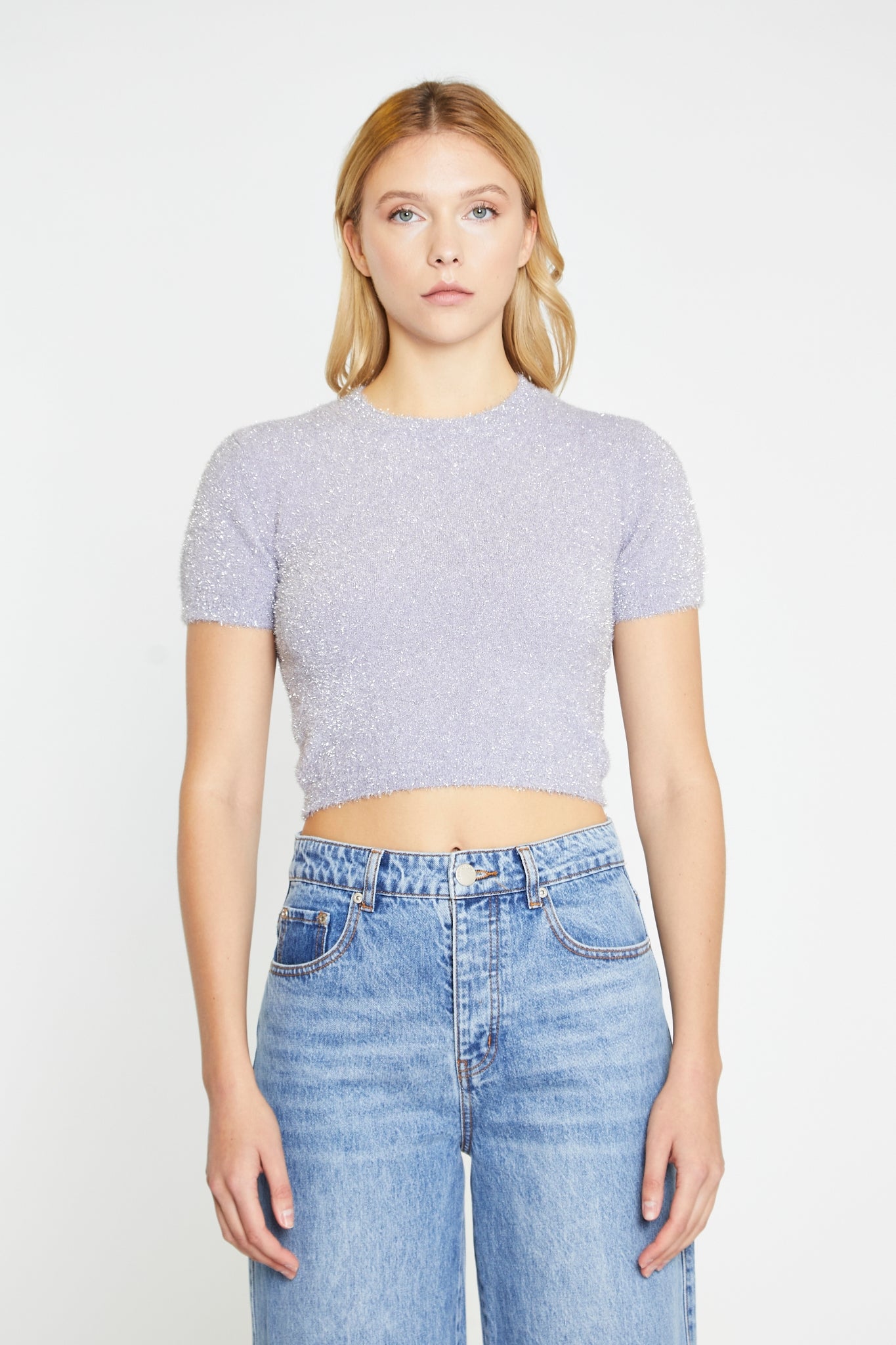 Lilac-Glitter Short-Sleeve Knitted Top