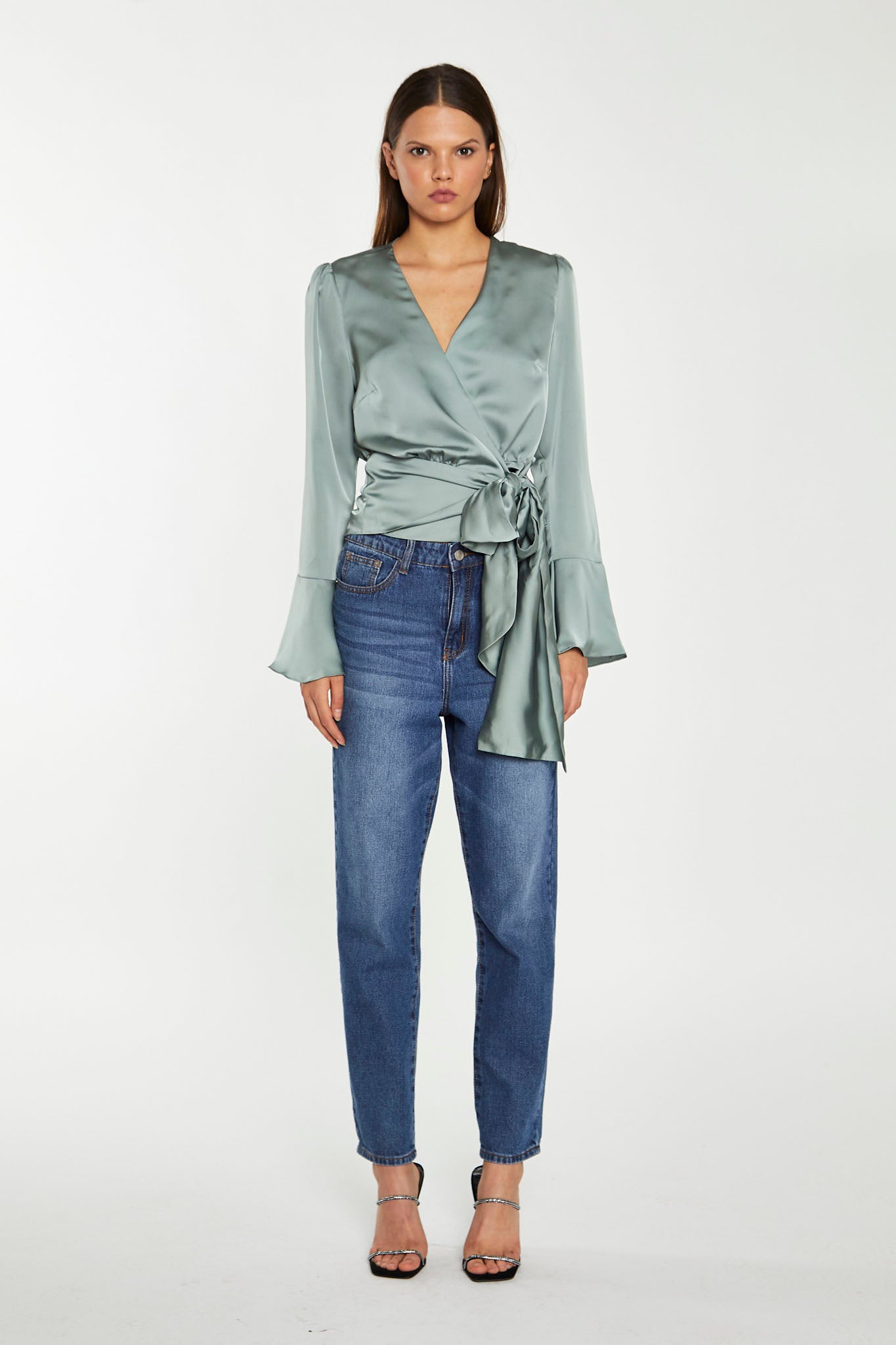 Dusty-Green Satin Wrap Front Blouse
