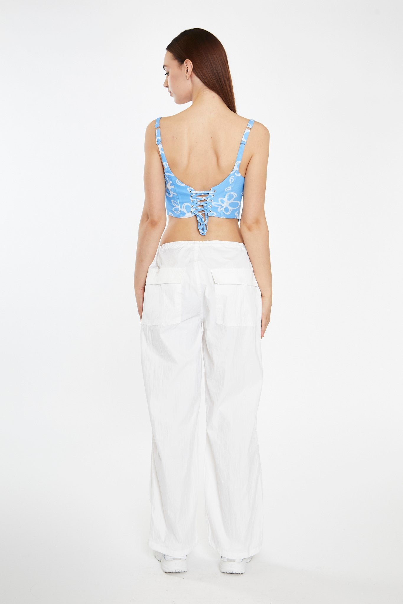 Blue Scribble Daisy Mesh Lace-Up Corset Top