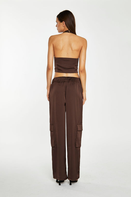 Brown-Satin Cargo Trousers