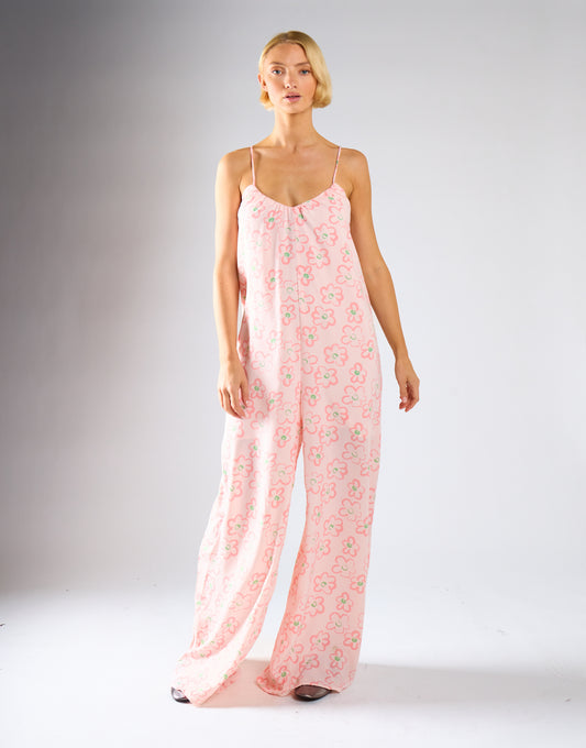 Pink Painted-Daisy Loose-Fit Lace-Up Jumpsuit